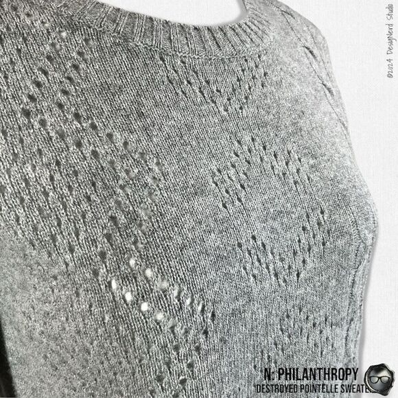 N:PHILANTHROPY DECONSTRUCTED POINTELLE CABLE KNIT SWEATER SHADOW WOOL CASHMERE - Picture 3 of 15